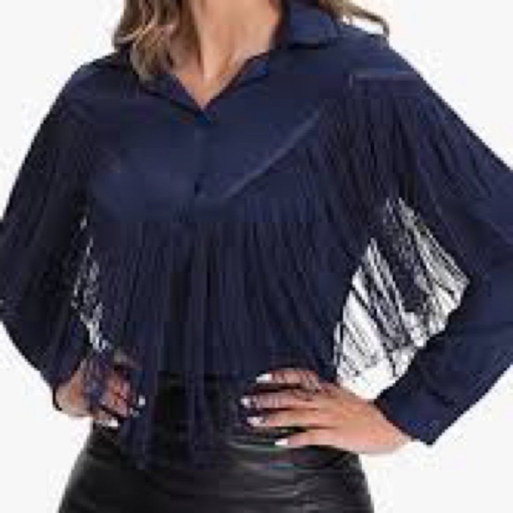 Verdusa,Coastal Cowgirl,Navy Fringe Weatern Wear Button-Up Blouse, EUC, Size Med - Picture 4 of 12